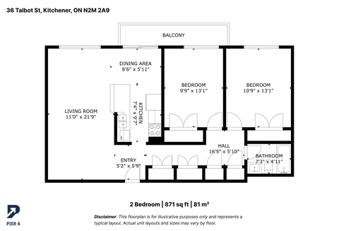 Floor plan for 2 beds, 1 bath
